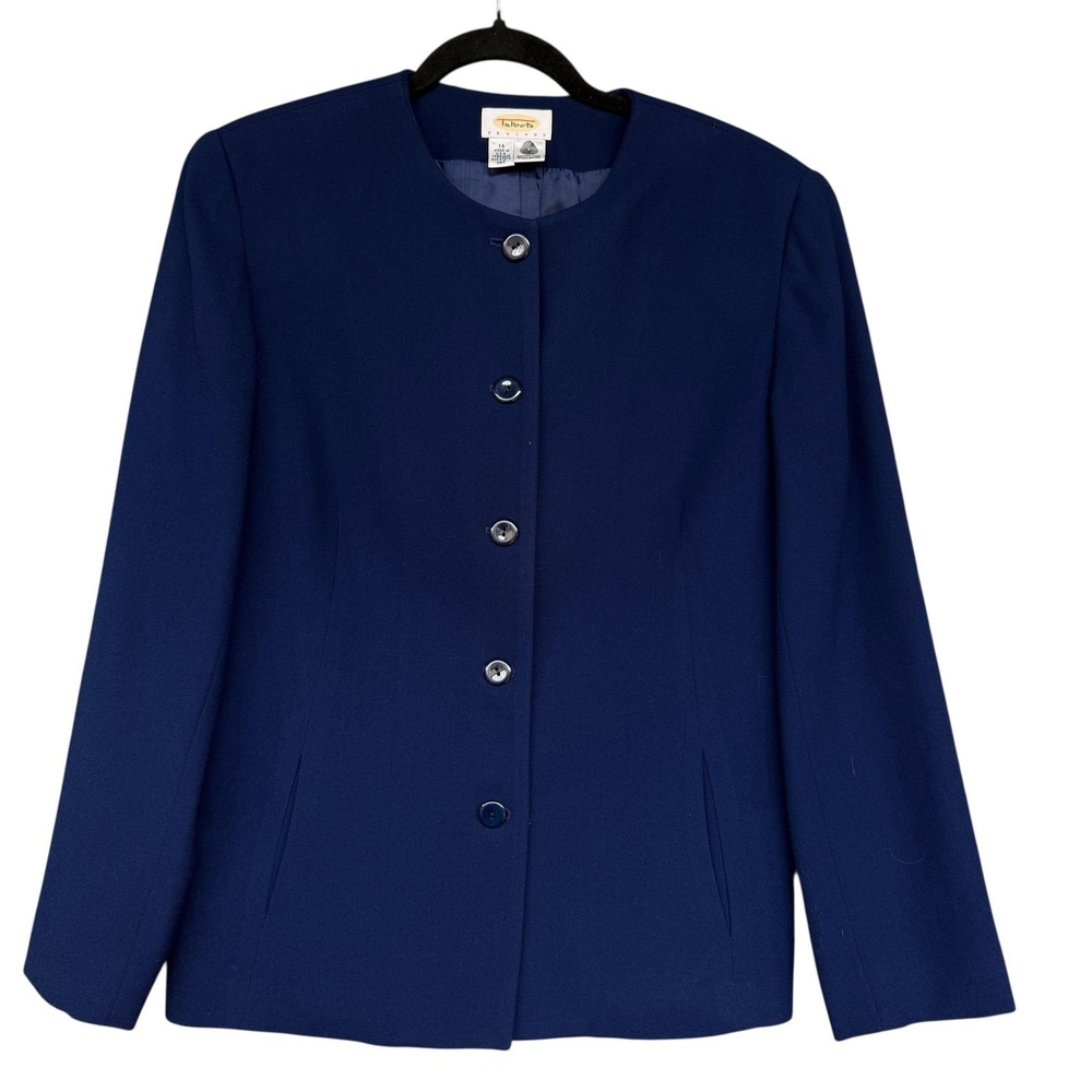 Talbots Blazer Womens 14 Petite Blue 100%‎ Wool Lined Jacket Made USA Work